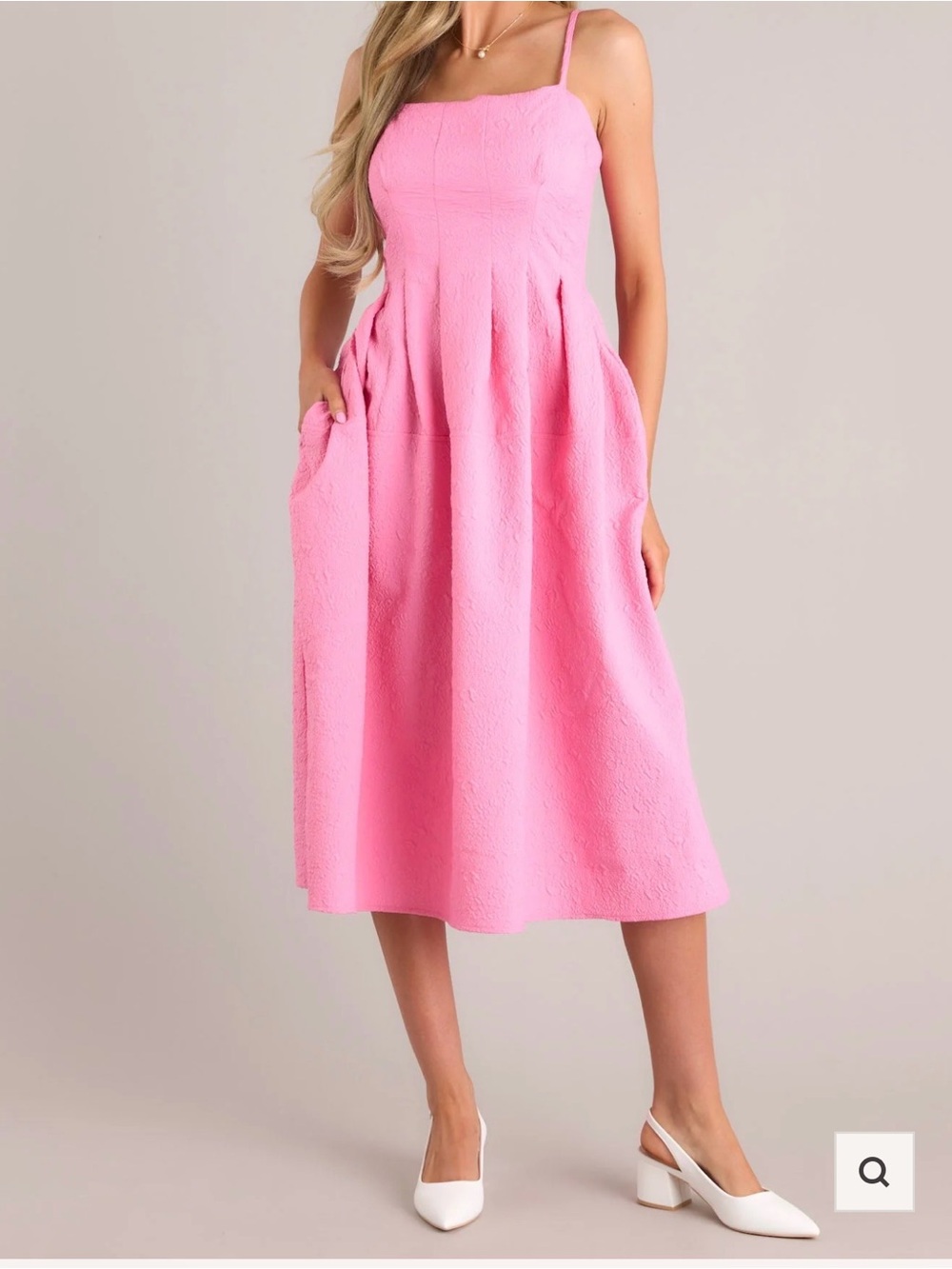 Strut! Pink Textured Midi Dress with Spaghetti Straps